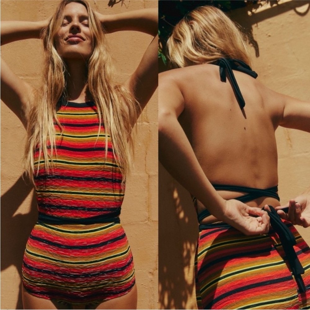Free People Heidi Printed Surf One Piece Swimsuit Sunrise Stripe Size Medium NEW